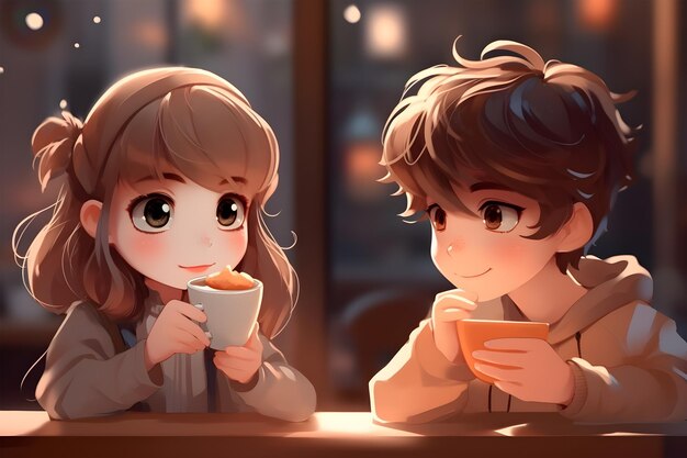 Um jovem casal feliz está bebendo café e sorrindo enquanto está sentado no café.