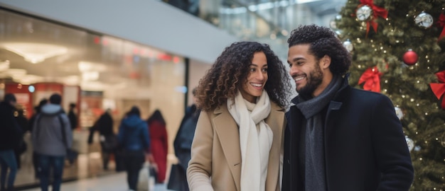 Um jovem casal feliz fazendo compras durante a temporada de Natal no shopping AI Gerado conteúdo