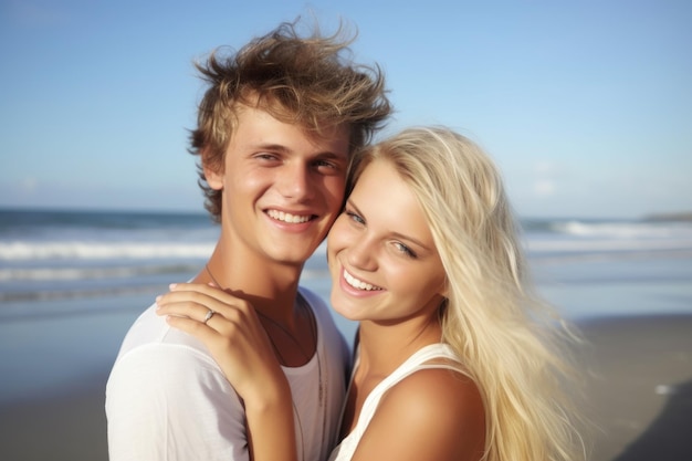 Um jovem casal feliz na praia criado com ai generativa