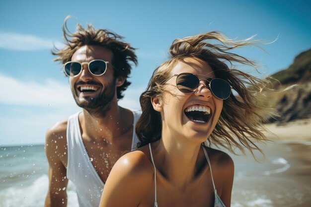 Foto um jovem casal feliz na praia .