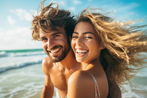 Foto um jovem casal feliz na praia .