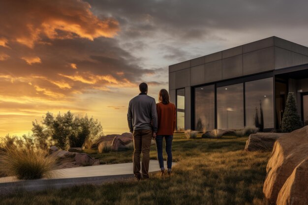 Um jovem casal feliz no fundo de uma casa nova moderna ao pôr-do-sol Um casal feliz em frente à sua casa