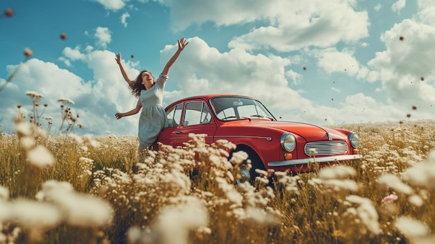 Um jovem casal feliz num carro retro.