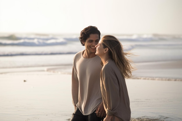 Um jovem casal feliz passando tempo juntos na praia