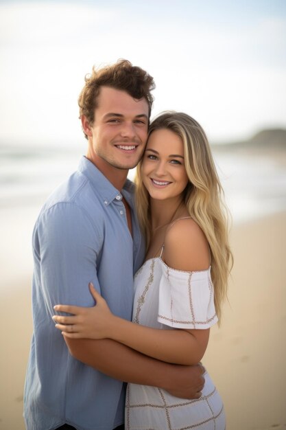 Um jovem casal feliz se abraçando na praia juntos criado com generative ai