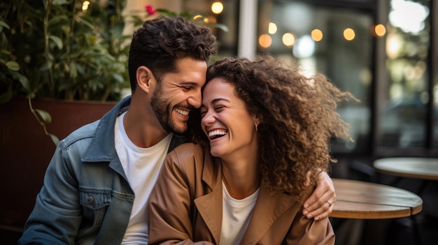 Um jovem casal feliz sorrindo e rindo.