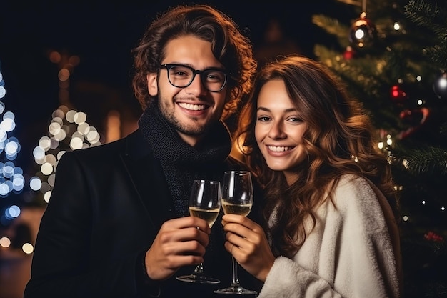 Um jovem casal feliz, um homem e uma garota atraente com taças de champanhe perto da árvore de Natal Conhecendo o ano novo