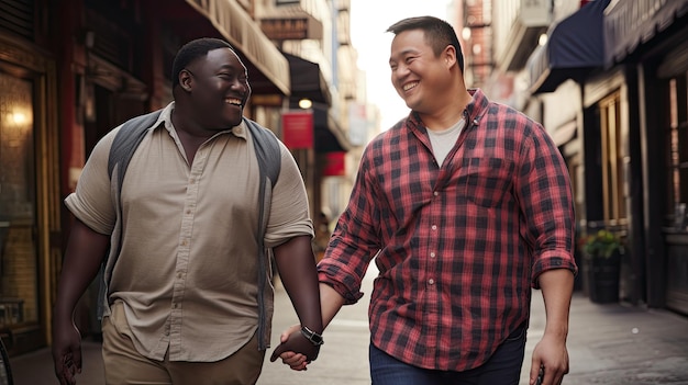 Foto um jovem casal gay adulto a caminhar pela rua de mãos dadas. data romântica. dia dos namorados, duas pessoas.