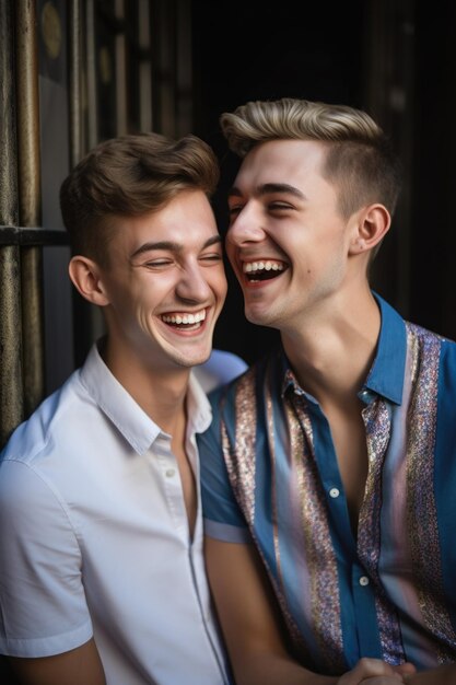 Um jovem casal gay sorrindo com orgulho em seu noivado