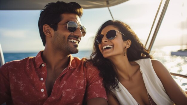 Um jovem casal indiano-americano sorridente a desfrutar de um passeio de veleiro no verão.