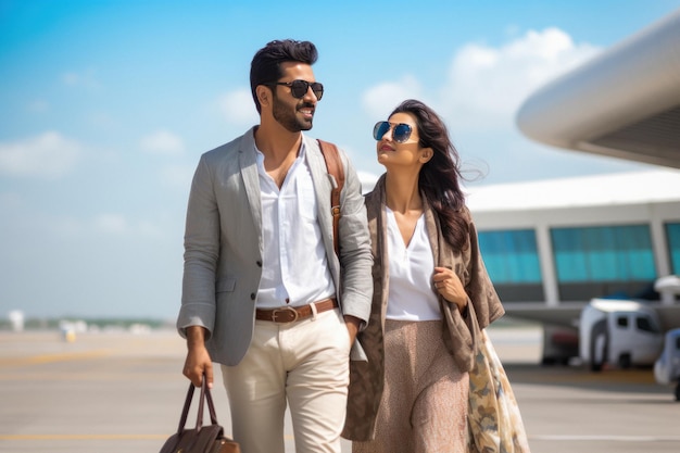 Um jovem casal indiano no aeroporto.