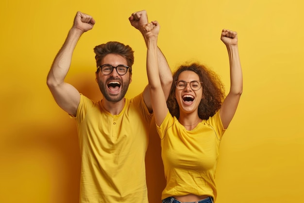 Um jovem casal jubilante celebra seu sucesso contra um fundo amarelo que exala alegria e incorpora o conceito de vitória