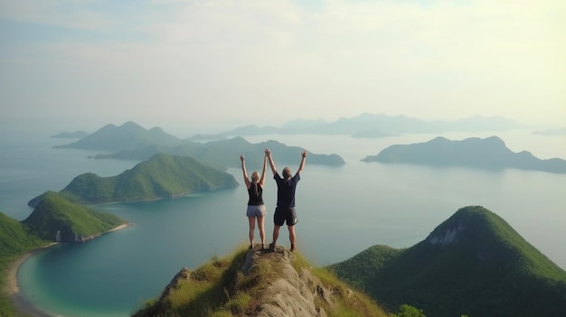 Um jovem casal levantou as mãos no topo de uma montanha à beira-mar Generative AI