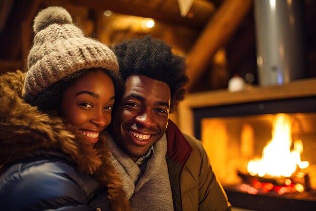 Um jovem casal negro feliz abraçando-se perto da lareira em uma cabana de inverno na floresta.