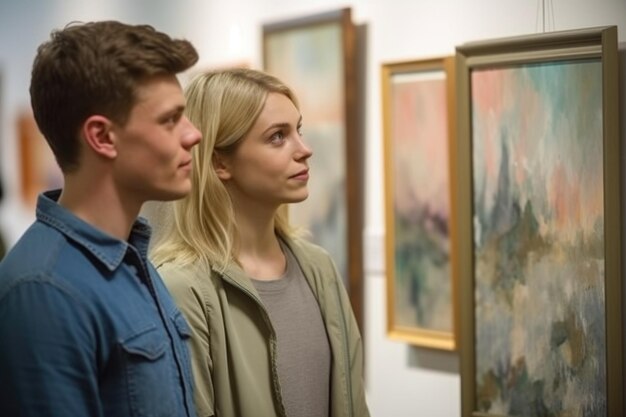 Um jovem casal olhando para pinturas em exposição em uma galeria criada com IA generativa