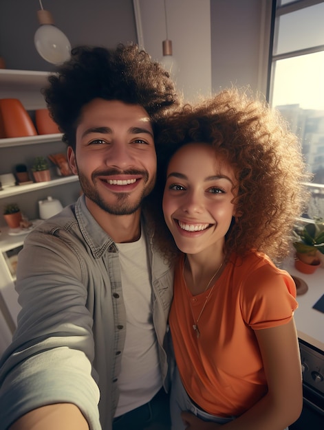 Foto um jovem casal ou família usando a cozinha para tirar selfies generative ai