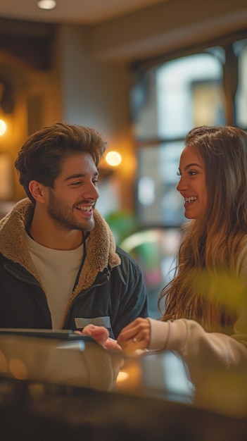 Foto um jovem casal paga a recepcionista do hotel pelo quarto.