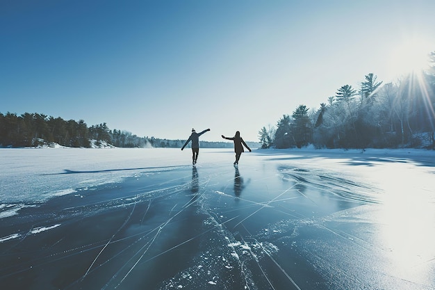 Um jovem casal patinando de gelo de mãos dadas em um lago gelado sereno cercado por árvores cobertas de neve em um dia ensolarado