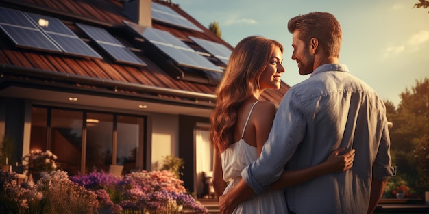 Um jovem casal perto de sua nova casa com painéis solares no telhado Energia verde Generative AI