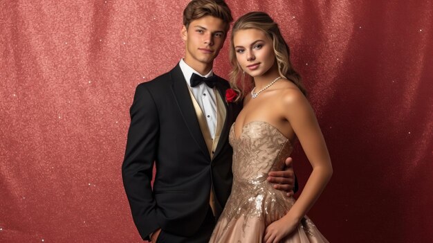 Um jovem casal posa para uma foto num vestido de baile.