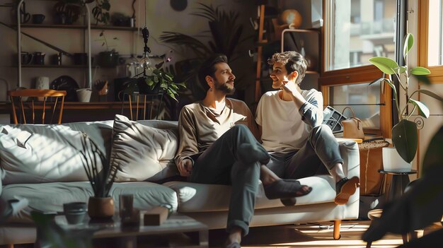 Foto um jovem casal relaxando em um sofá em sua sala de estar eles estão ambos sorrindo e olhando um para o outro