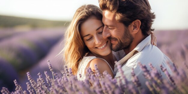 Um jovem casal se abraça em um campo de lavanda Família posando na natureza IA generativa