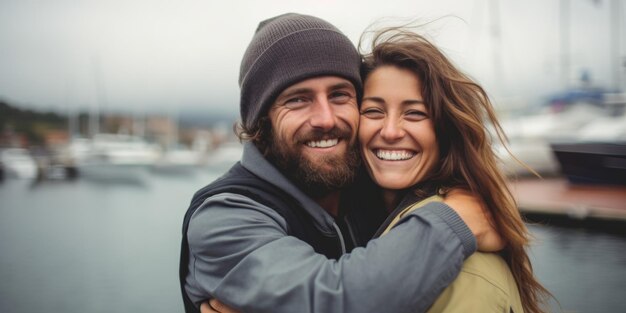 Foto um jovem casal se abraça em uma marina em um cais contra o pano de fundo de iates a vela ai generativa