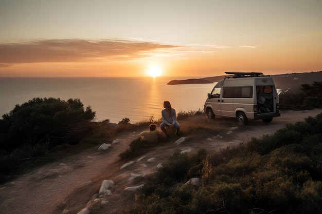 Um jovem casal senta-se em uma colina acima do mar ao lado de seu veículo de minivan de viagem ao pôr-do-sol rede neural gerada imagem