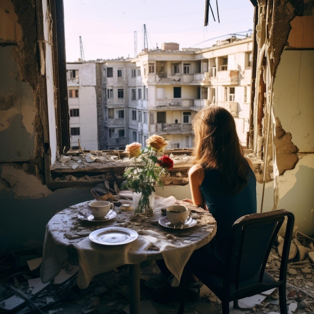 Um jovem casal senta-se em uma mesa em um edifício destruído olhando para uma janela quebrada por um foguete Uma bela mesa com flores permanece intocada