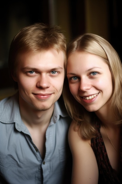 Um jovem casal sentado juntos e sorrindo para a câmera criada com IA generativa