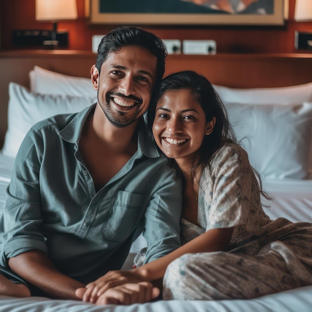 um jovem casal sentado na cama com um sorriso brilhante