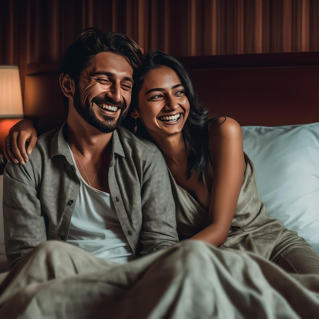 um jovem casal sentado na cama com um sorriso brilhante