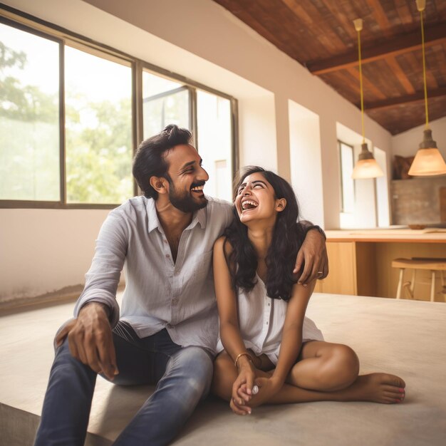 Foto um jovem casal sentado na nova casa e dando expressão feliz