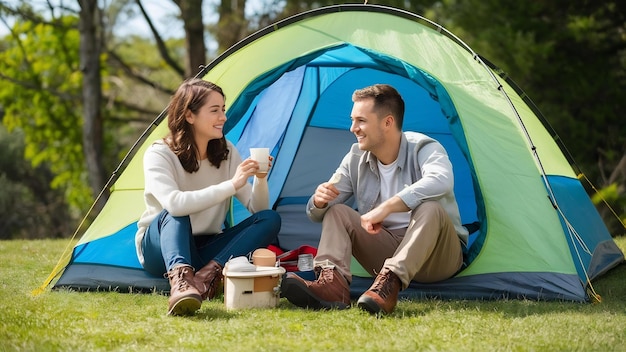 Um jovem casal sentado na tenda a falar e a beber chá de um termo