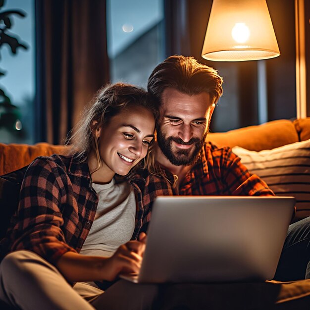 Foto um jovem casal sentado num sofá a planear o seu futuro financeiro e a olhar para um portátil com um fi