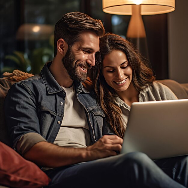 Foto um jovem casal sentado num sofá a planear o seu futuro financeiro e a olhar para um portátil com um fi