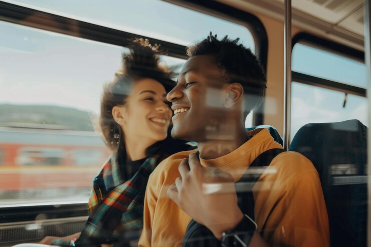 Foto um jovem casal sorridente a viajar juntos de comboio.
