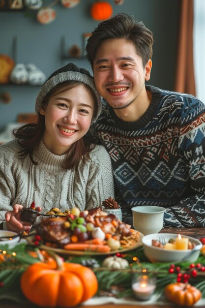 Um jovem casal sorridente desfrutando de um jantar festivo com decoração de ação de graças atmosfera aconchegante de outono