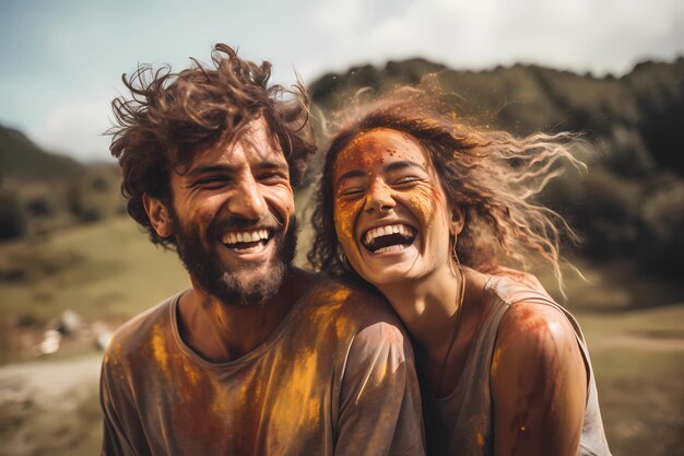 Um jovem casal sorridente e feliz na natureza.