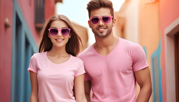 Um jovem casal usa camisetas cor-de-rosa.