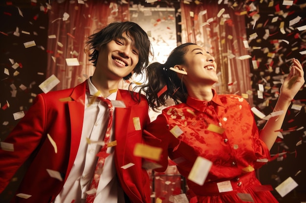 Foto um jovem casal vestido de vermelho com confeti caindo