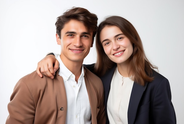 um jovem casal vestindo jaquetas modelo foto no estúdio feliz fundo branco