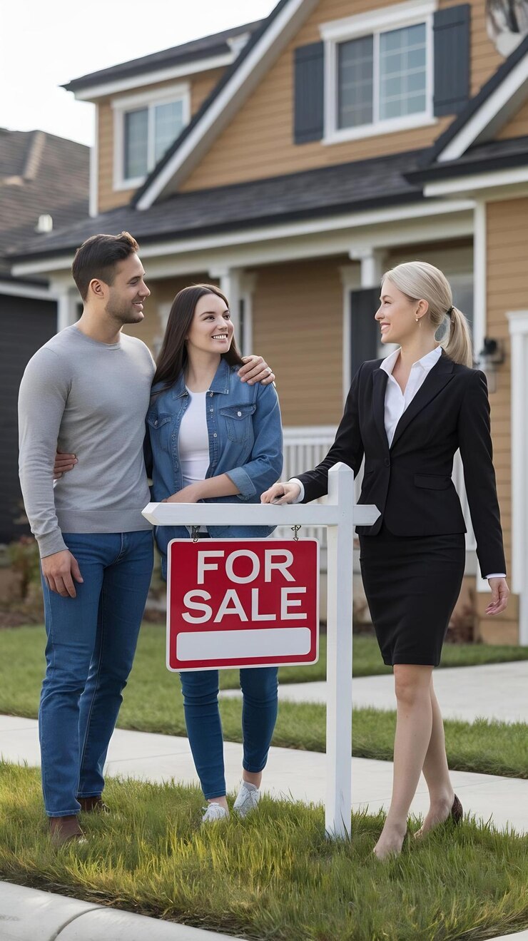 Foto um jovem casal visitando uma potencial nova propriedade imobiliária com um agente imobiliário profissional