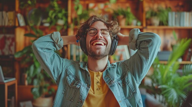 Foto um jovem caucasiano a desfrutar de música na sua acolhedora sala de estar a usar fones de ouvido.