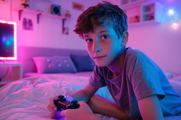Foto um jovem caucasiano está em seu quarto jogando videogames generative ai