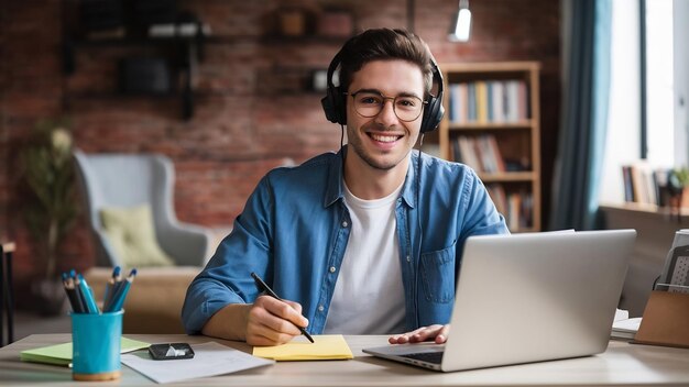 Um jovem caucasiano sorridente com fones de ouvido e óculos sentado na secretária a trabalhar no portátil a fazer anotações.