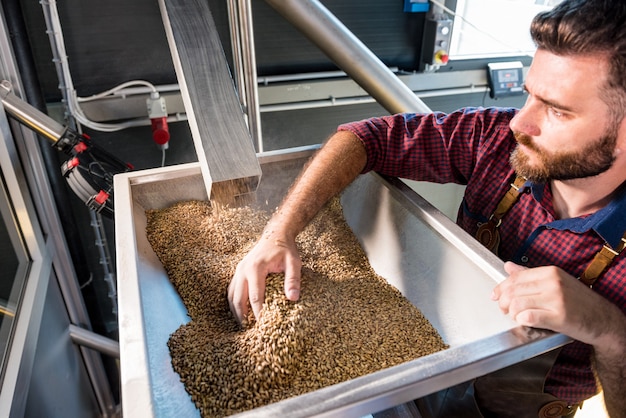 Um jovem cervejeiro com um avental de couro controla a moagem de sementes de malte em um moinho em uma cervejaria moderna