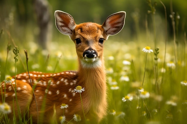 Um jovem cervo de cauda branca em um campo de flores