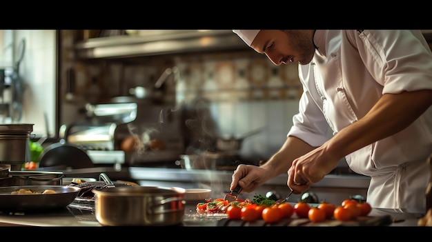 Um jovem chef de uniforme branco está ocupado preparando ingredientes para um prato em uma cozinha comercial.