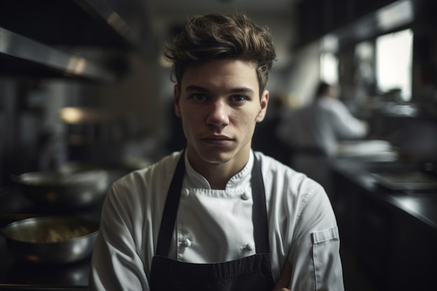 Um jovem chef em um restaurante com avental de chef